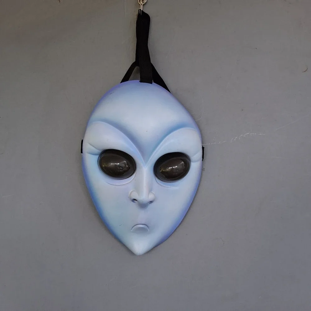 Creepy Blue Space Alien Bulging Eyes Halloween Mask EUC